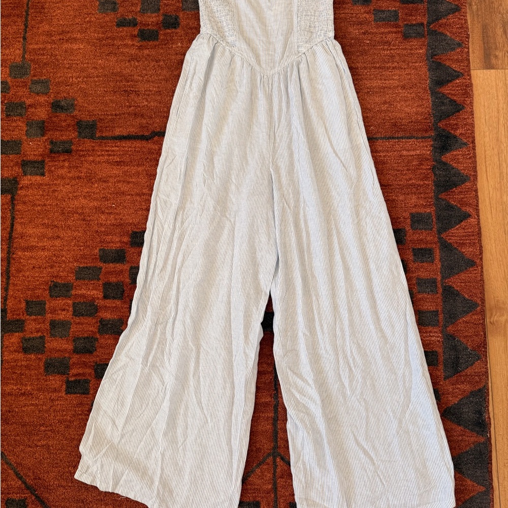 aerie Light Blue Striped Wide-Leg Jumpsuit